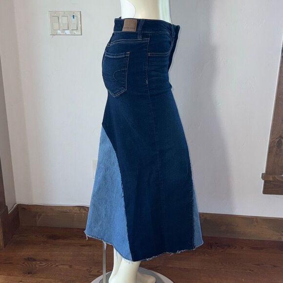 Up cycled Bohemian Two Tone Blue Raw Hem Long Stretch Denim Maxi Skirt Size 6 - Picture 4 of 13